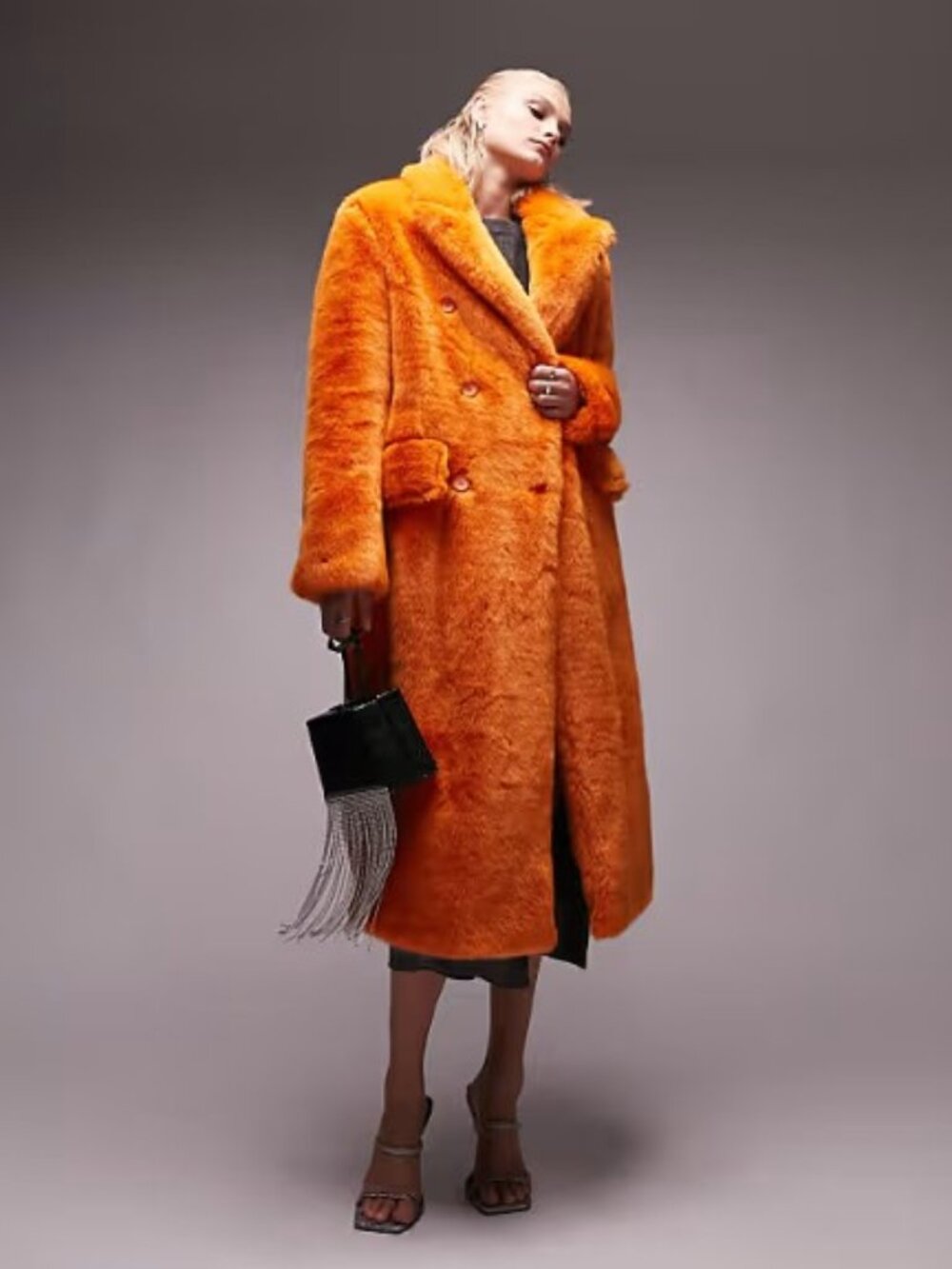 💥SHOWSTOPPER!💥Luxurious Faux Fur Longline Double Breasted Coat in Tangerine - Picture 4 of 16